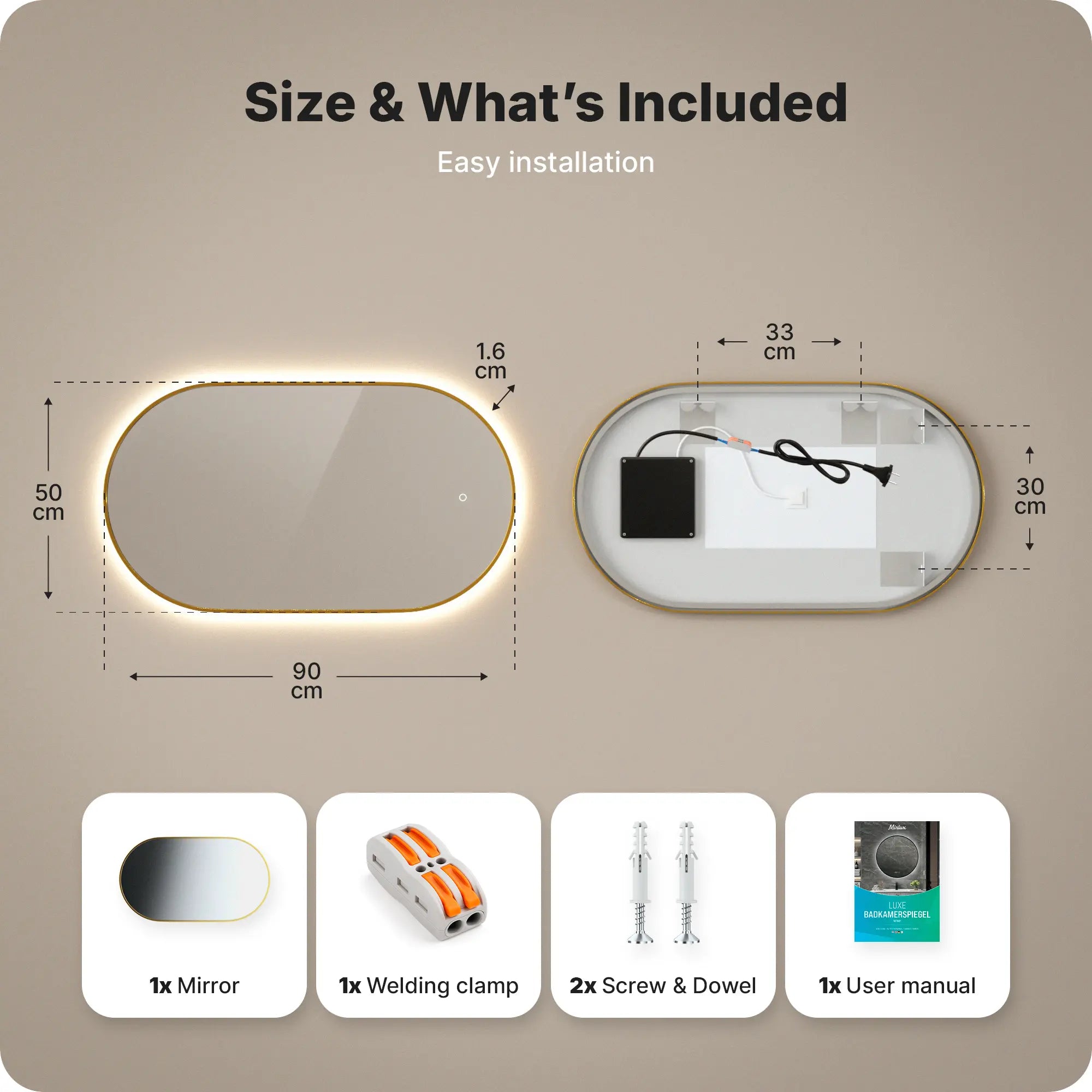 Badeværelsesspejl - 90x50cm Oval - Guldramme