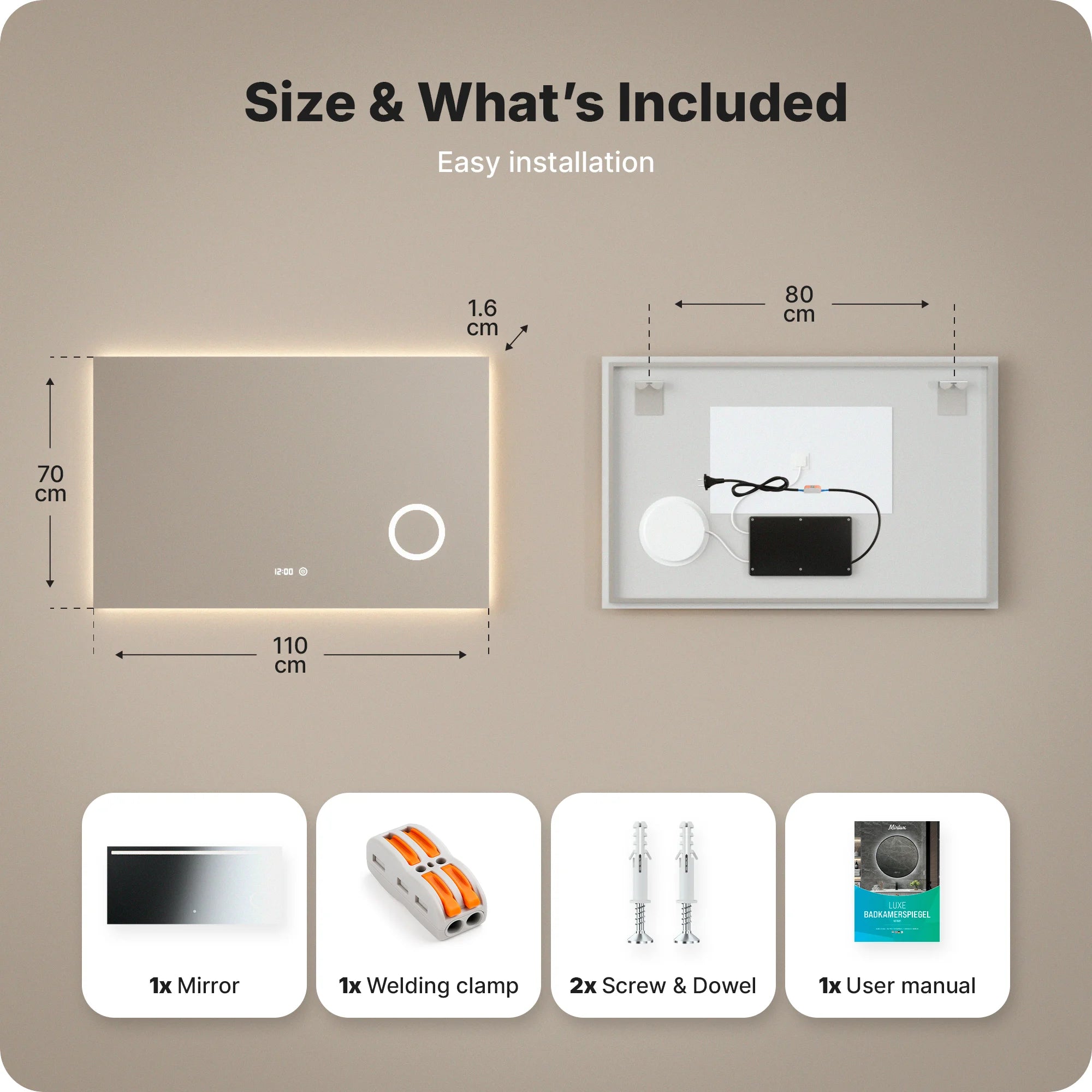 Badeværelsesspejl - Rektangel - 110x70cm - Rammeløs - Forudbestil