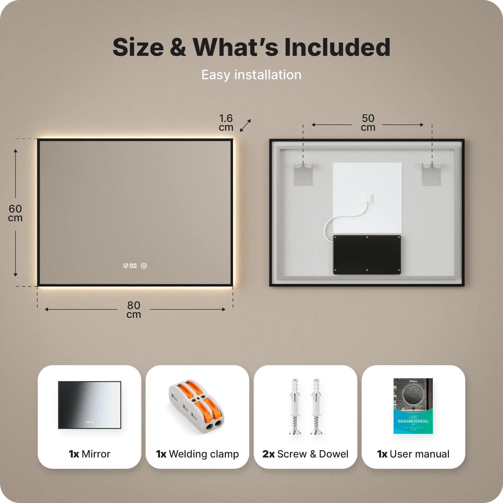 Badeværelsesspejl - Rektangel - 80x60cm - Sort Ramme