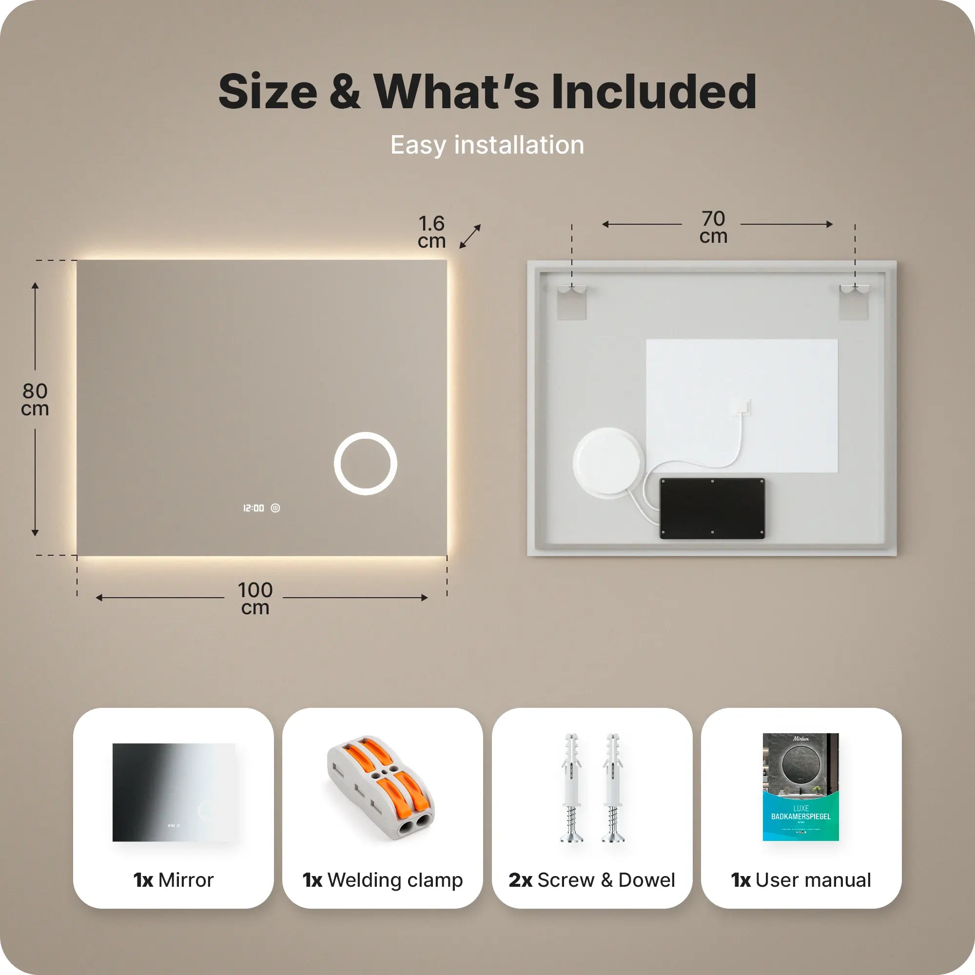 Badeværelsesspejl - Rektangel - 100x80cm - Rammeløs