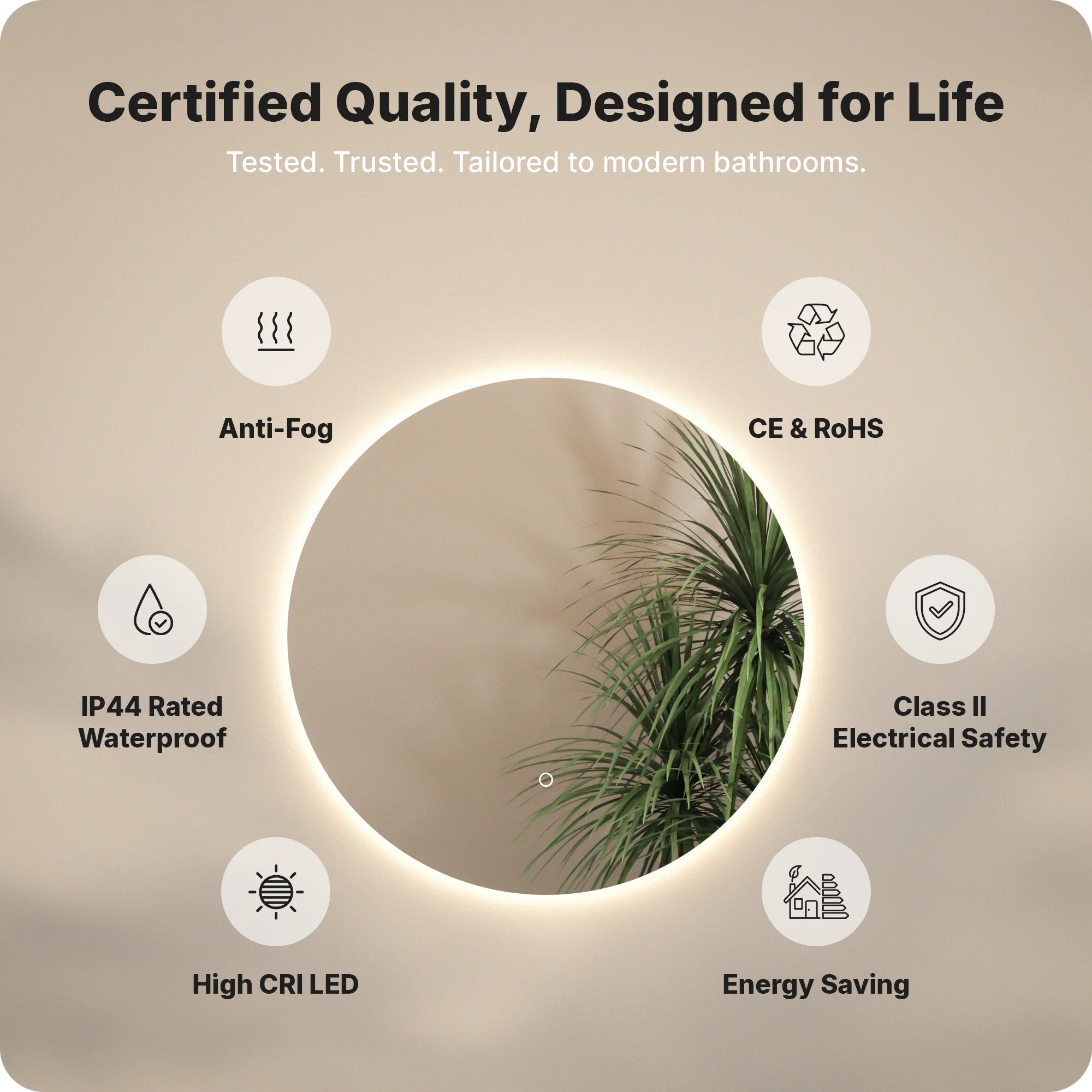 Badeværelsesspejl - 60 cm - Rundt - Rammeløs