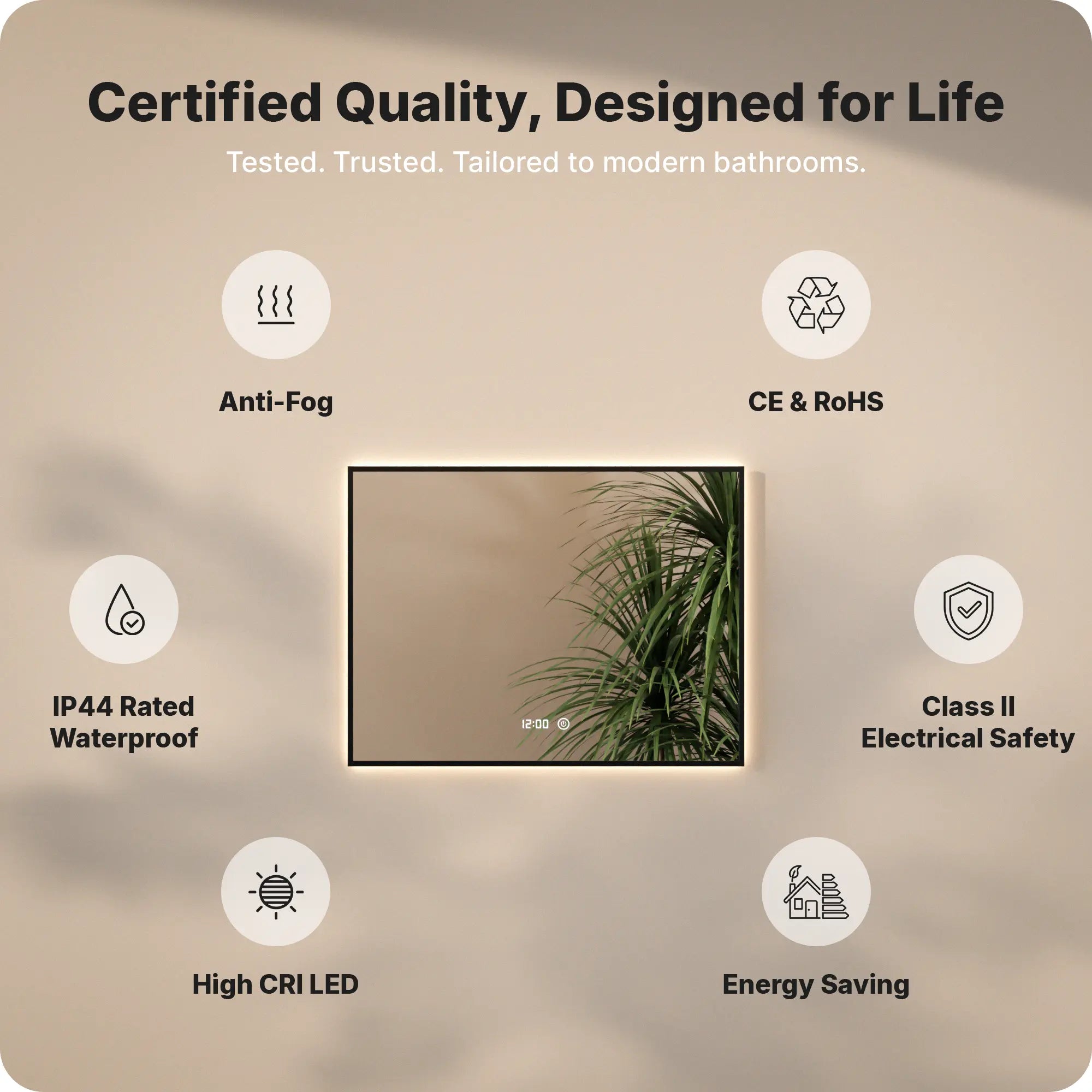 Badeværelsesspejl - Rektangel - 80x60cm - Sort Ramme