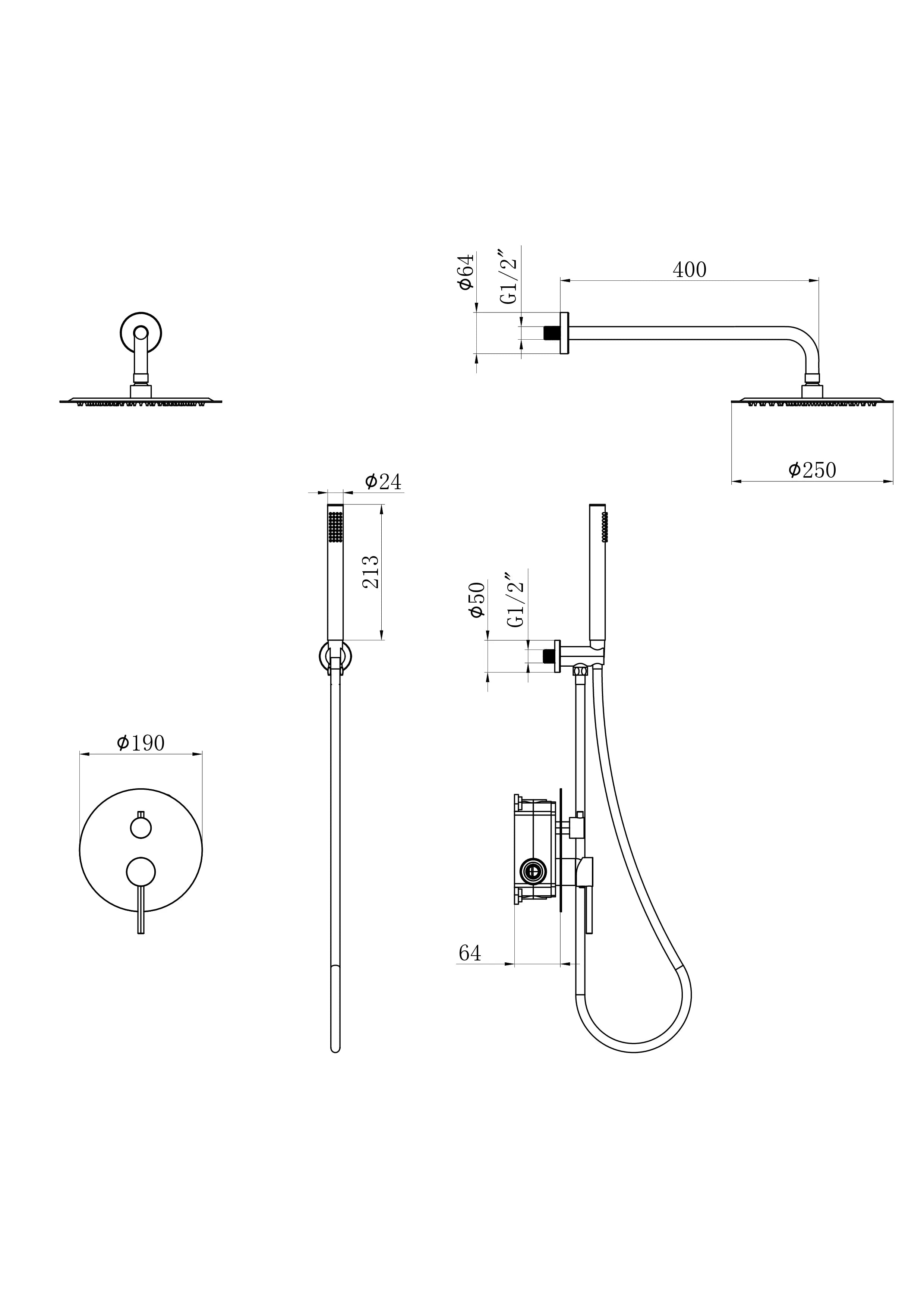 Indbygningsregnbruser Daro - Mat sort med termostatarmatur - 25 cm - Forudbestil