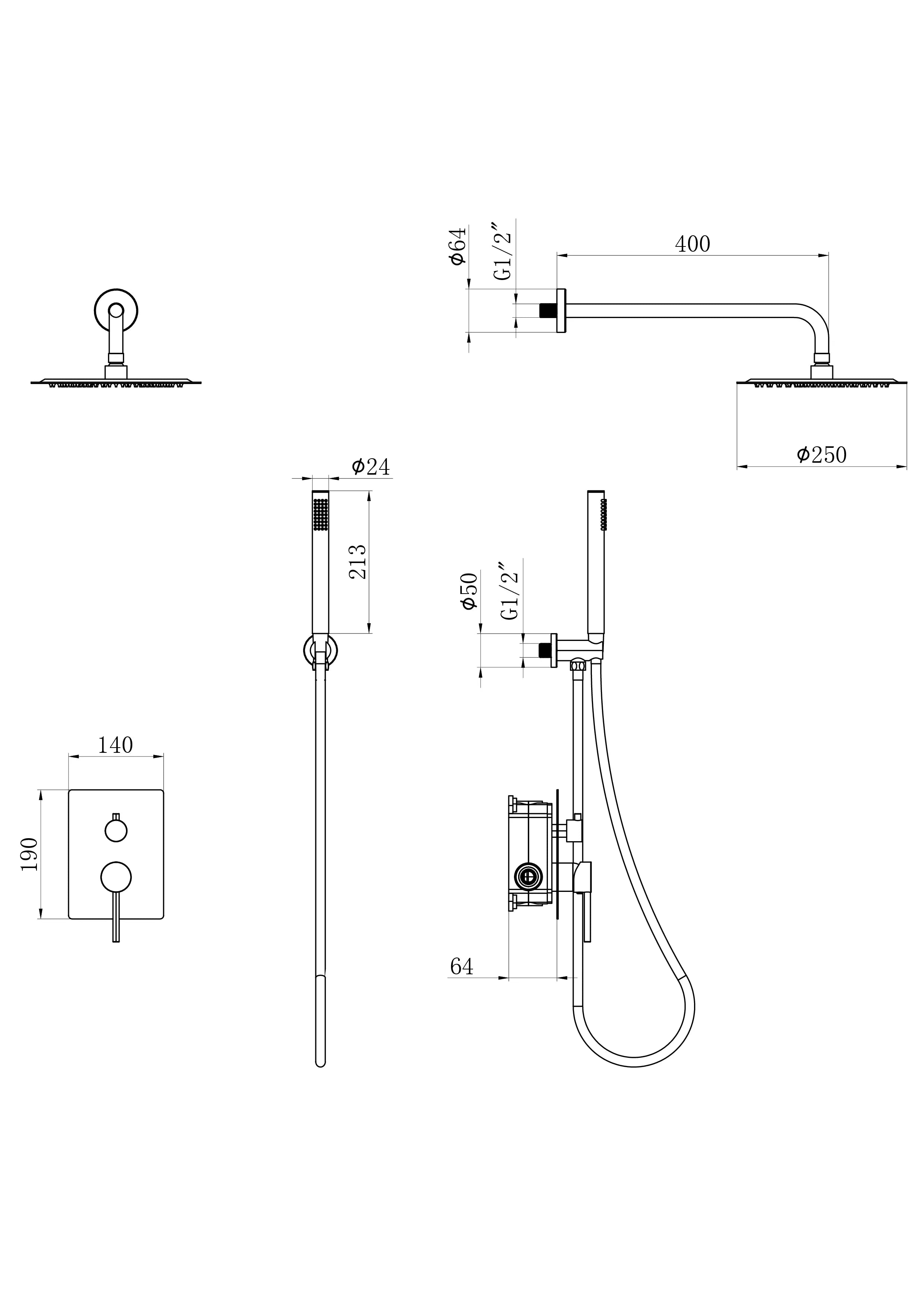 Indbygget regnbruser Riva - mat sort med termostatarmatur - 25 cm - Forudbestil