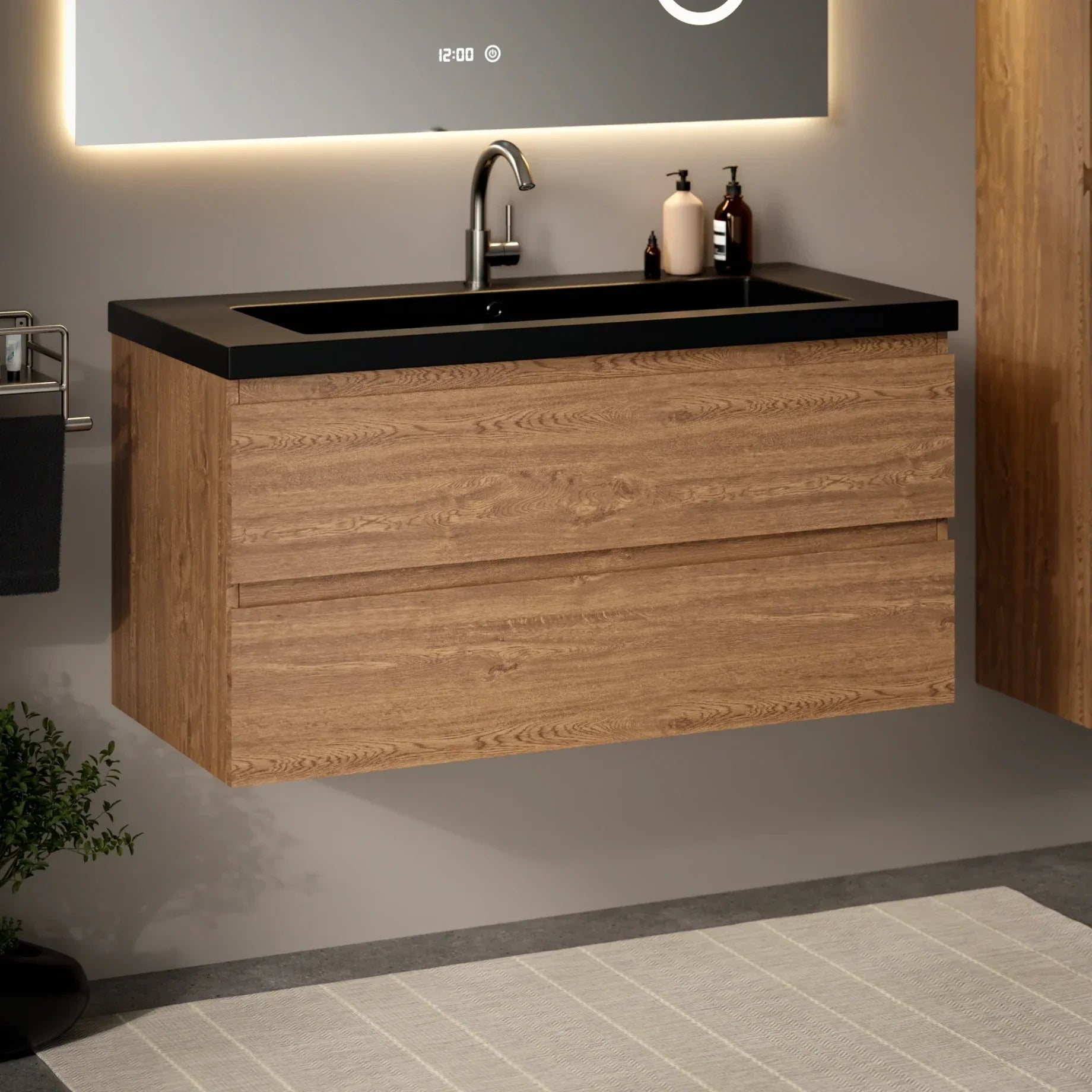 Badeværelsesmøbel Sena - 100cm - Varm eg - Vask sort