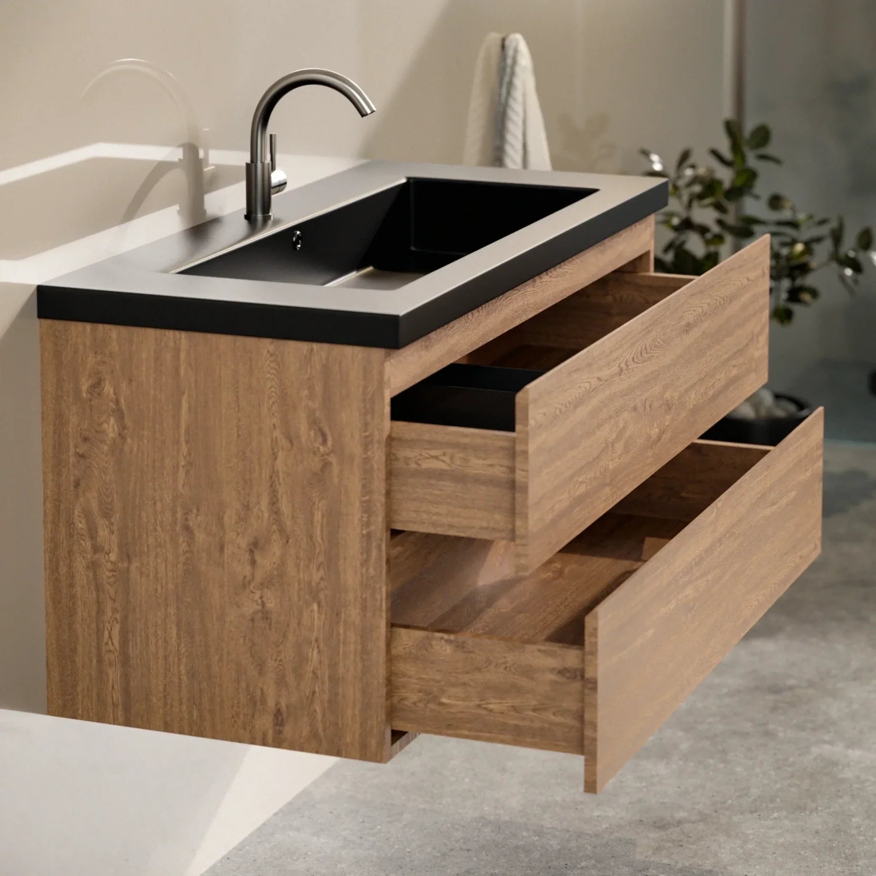 Badeværelsesmøbel Sena - 100cm - Varm eg - Vask sort