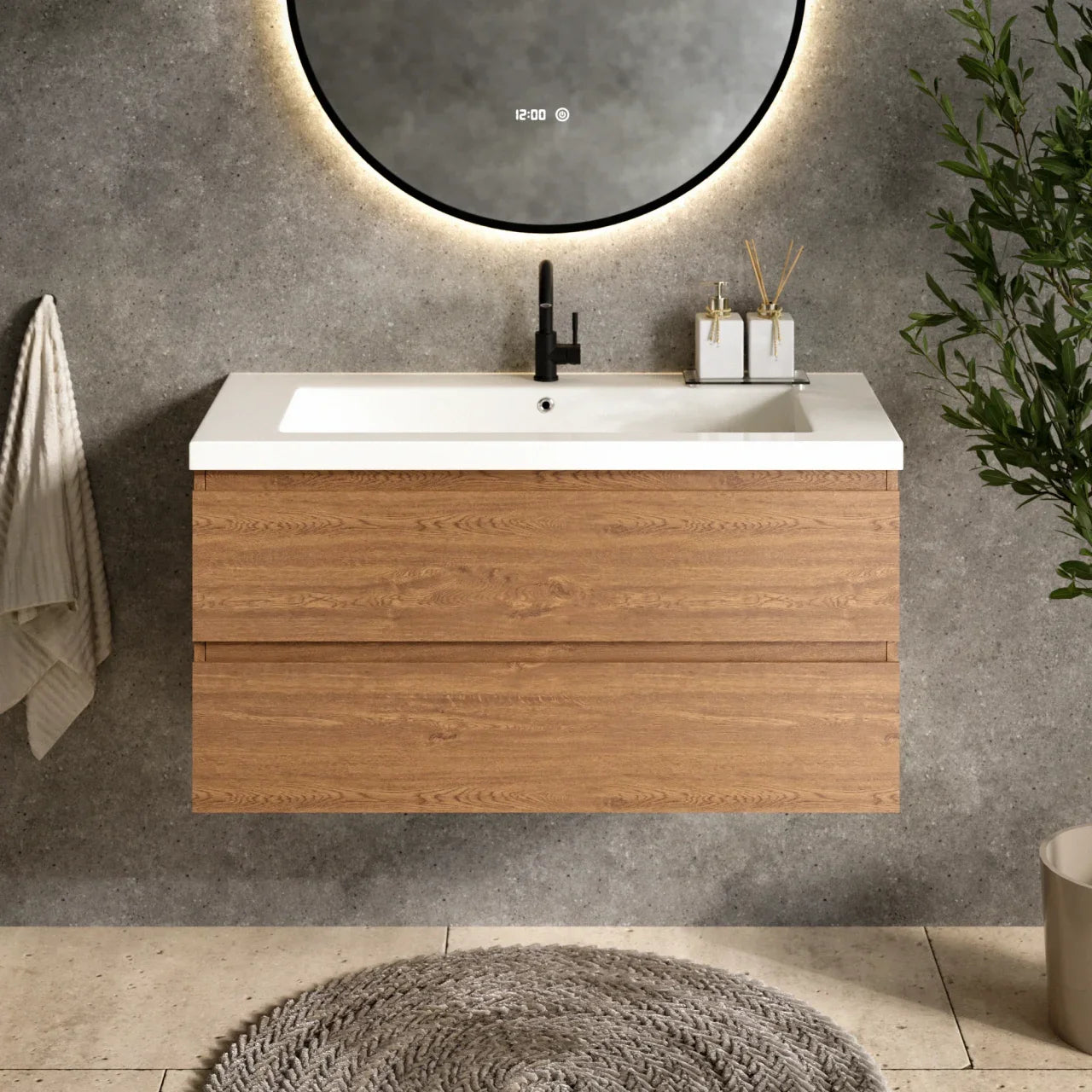 Badeværelsesmøbel Sena - 100cm - Varm eg - Hvid Vask
