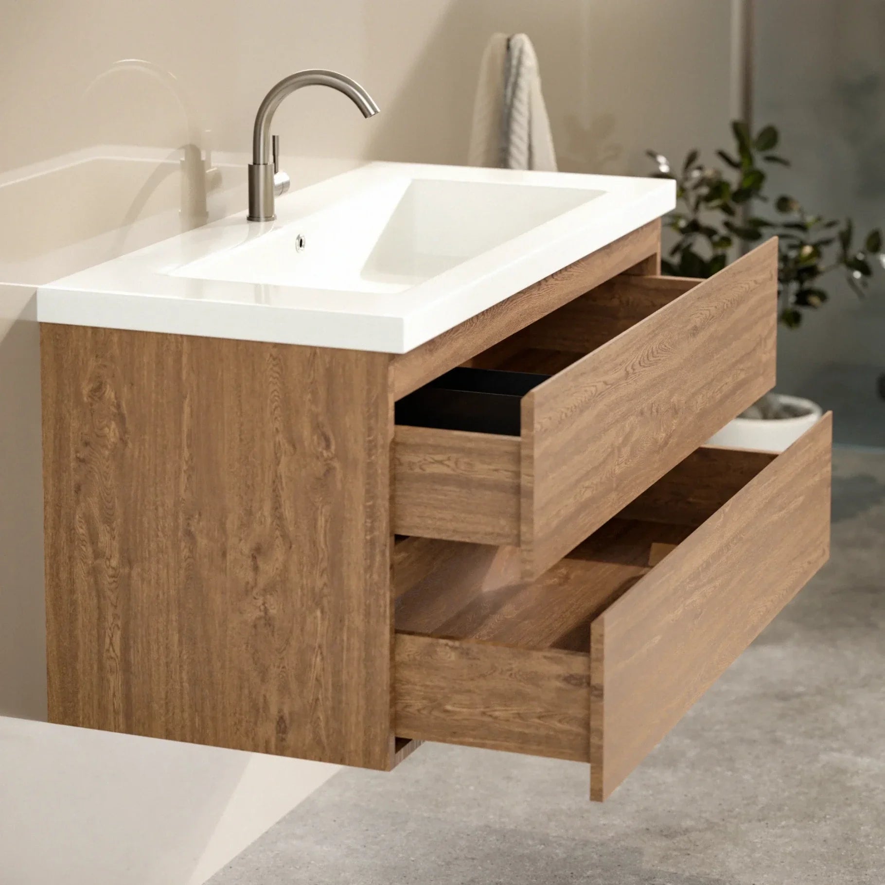 Badeværelsesmøbel Sena - 100cm - Varm eg - Hvid Vask