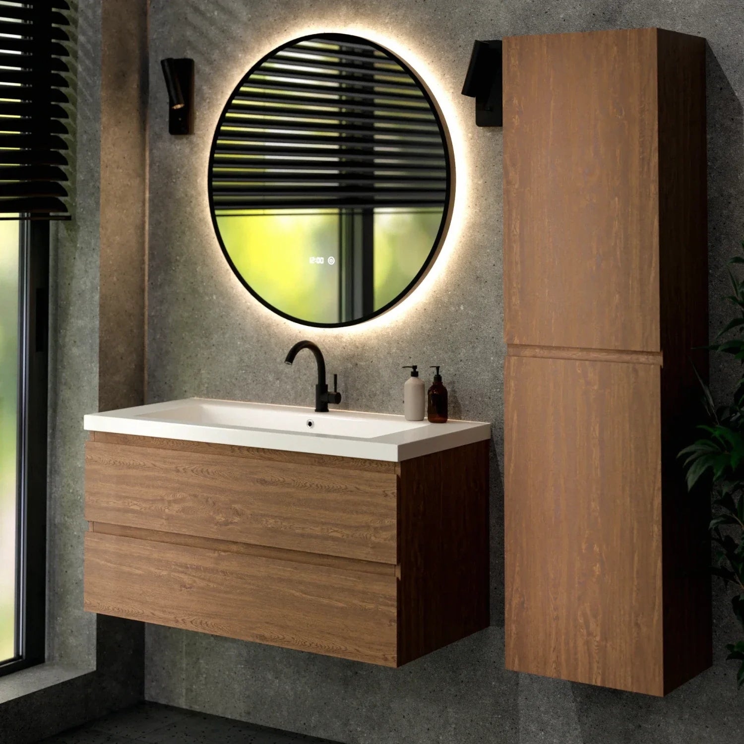 Badeværelsesmøbel Sena - 100cm - Varm eg - Hvid Vask