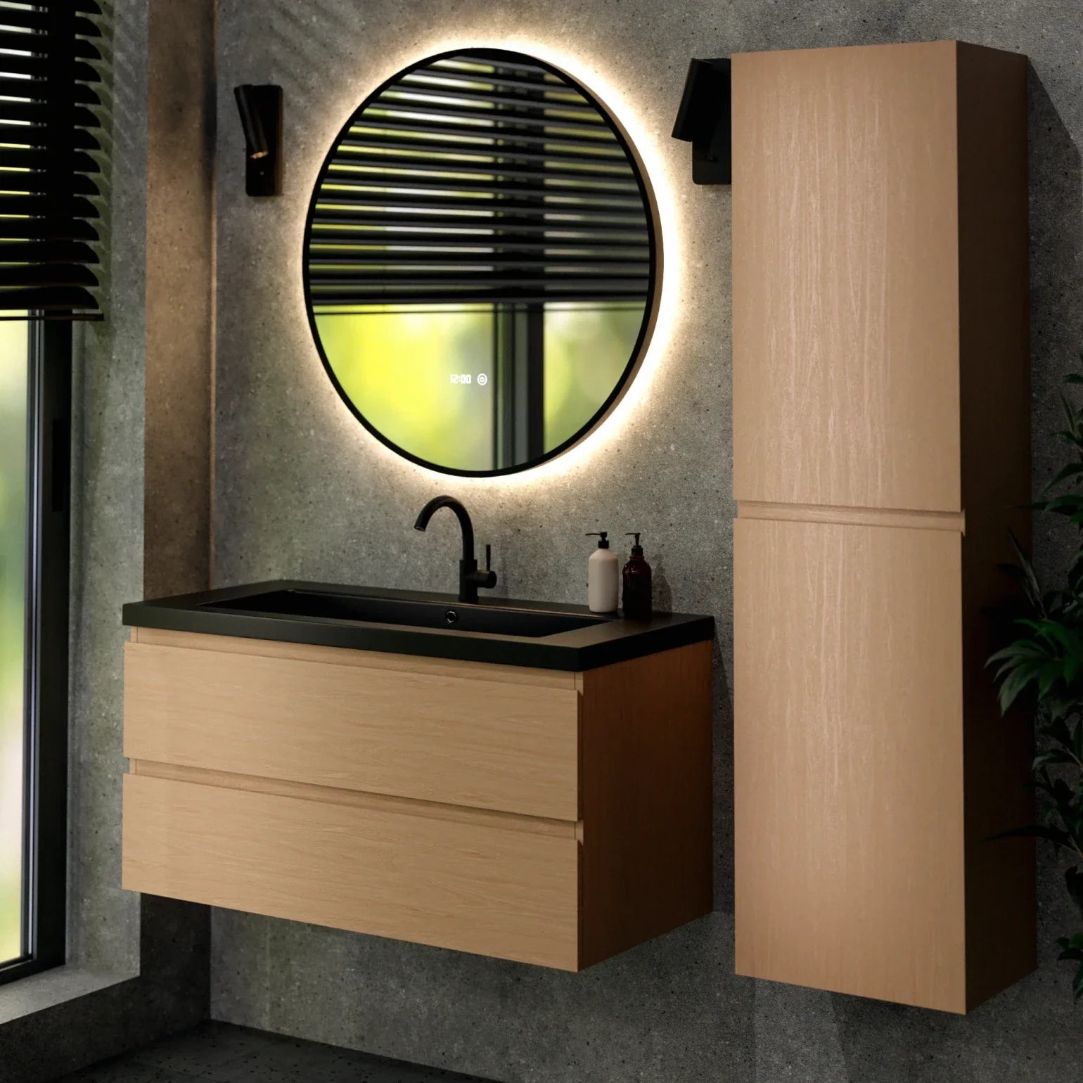 Badeværelsesmøbel Sena - 100cm - Lys eg - Vask sort