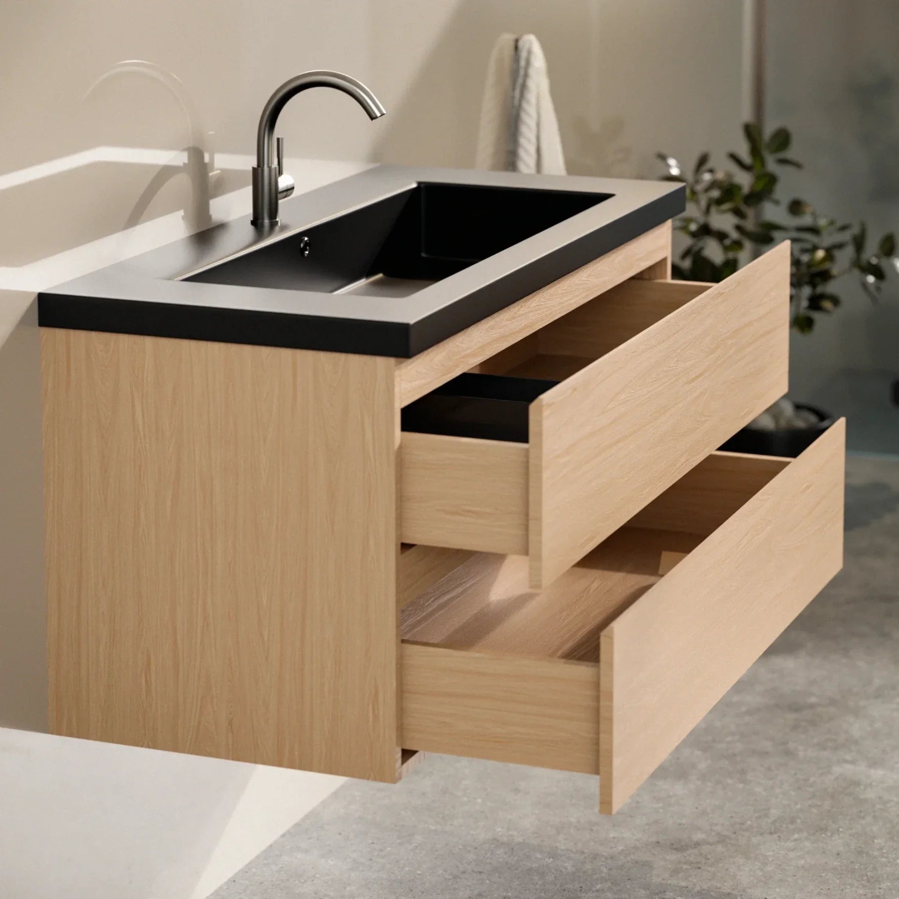 Badeværelsesmøbel Sena - 100cm - Lys eg - Vask sort