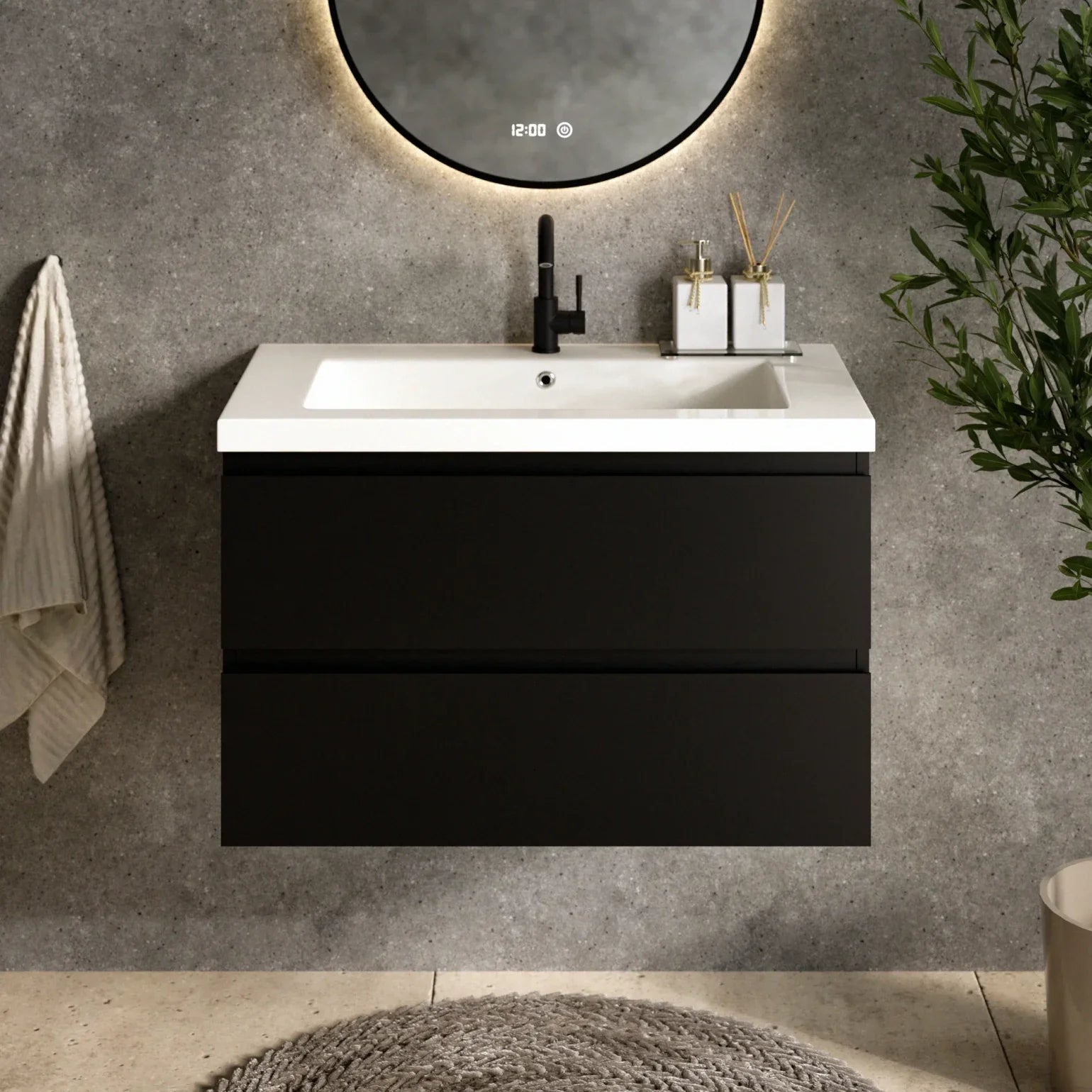 Badeværelsesmøbel Sova - 80cm - Mat sort - Vask hvid - Forudbestil