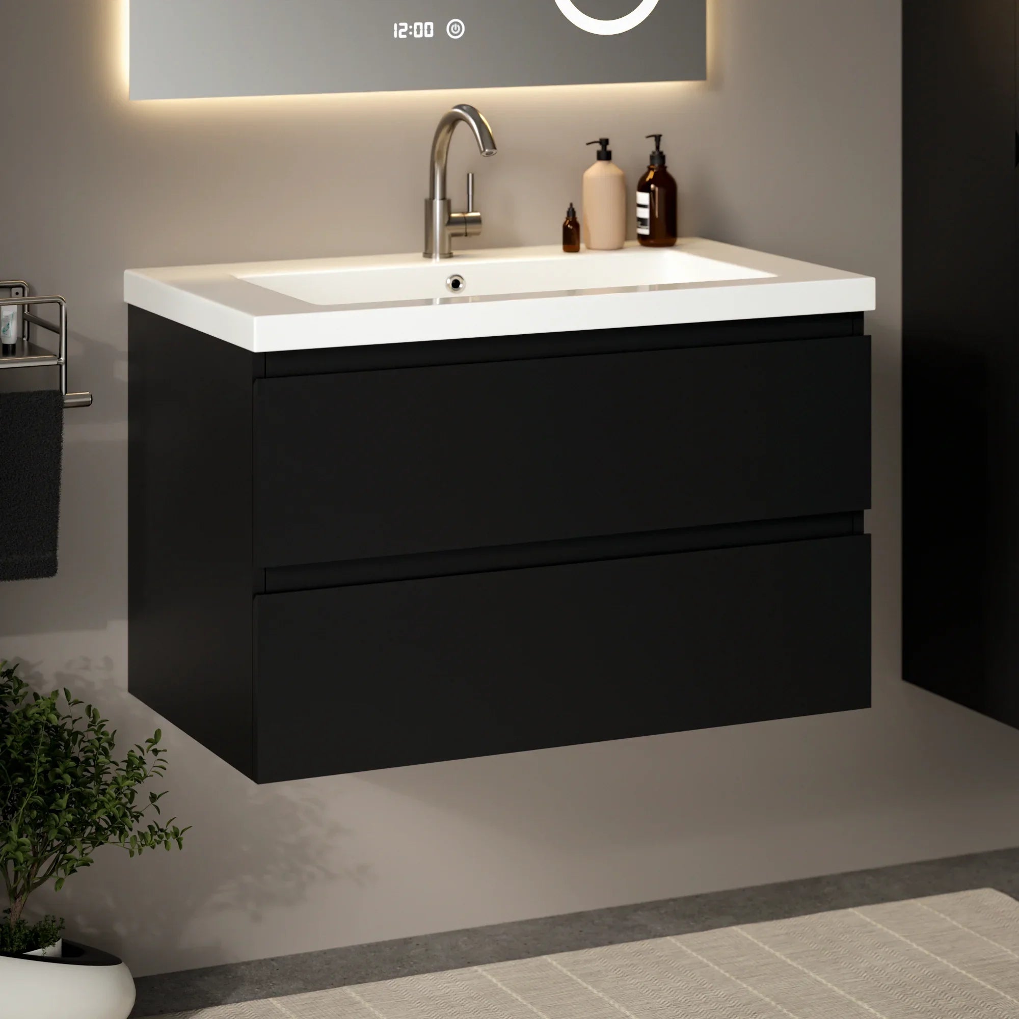 Badeværelsesmøbel Sova - 80cm - Mat sort - Vask hvid - Forudbestil
