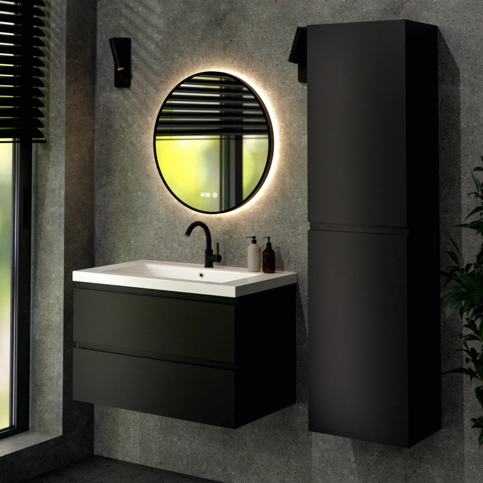 Badeværelsesmøbel Sova - 80cm - Mat sort - Vask hvid - Forudbestil