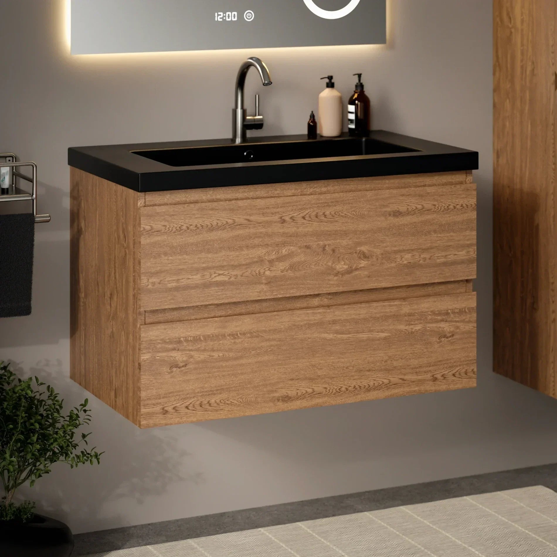 Badeværelsesmøbelsæt Verona – 80 cm – Varm eg – Sort Vask