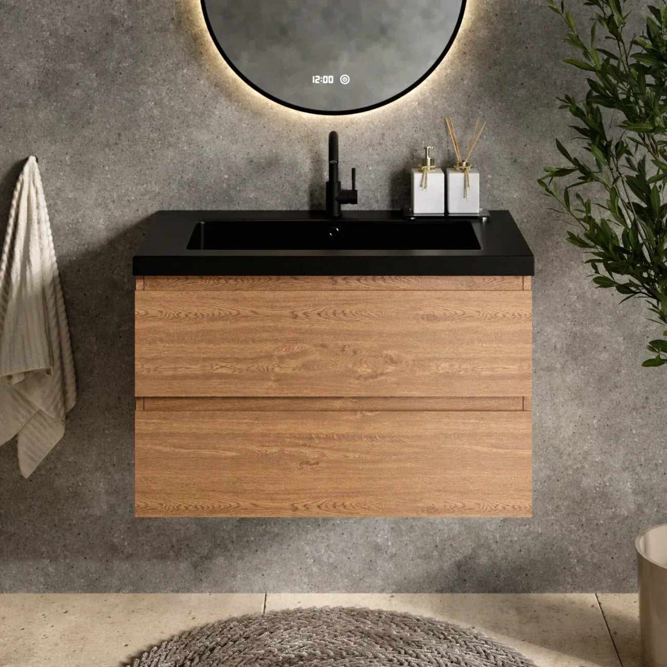 Badeværelsesmøbelsæt Verona – 80 cm – Varm eg – Sort Vask