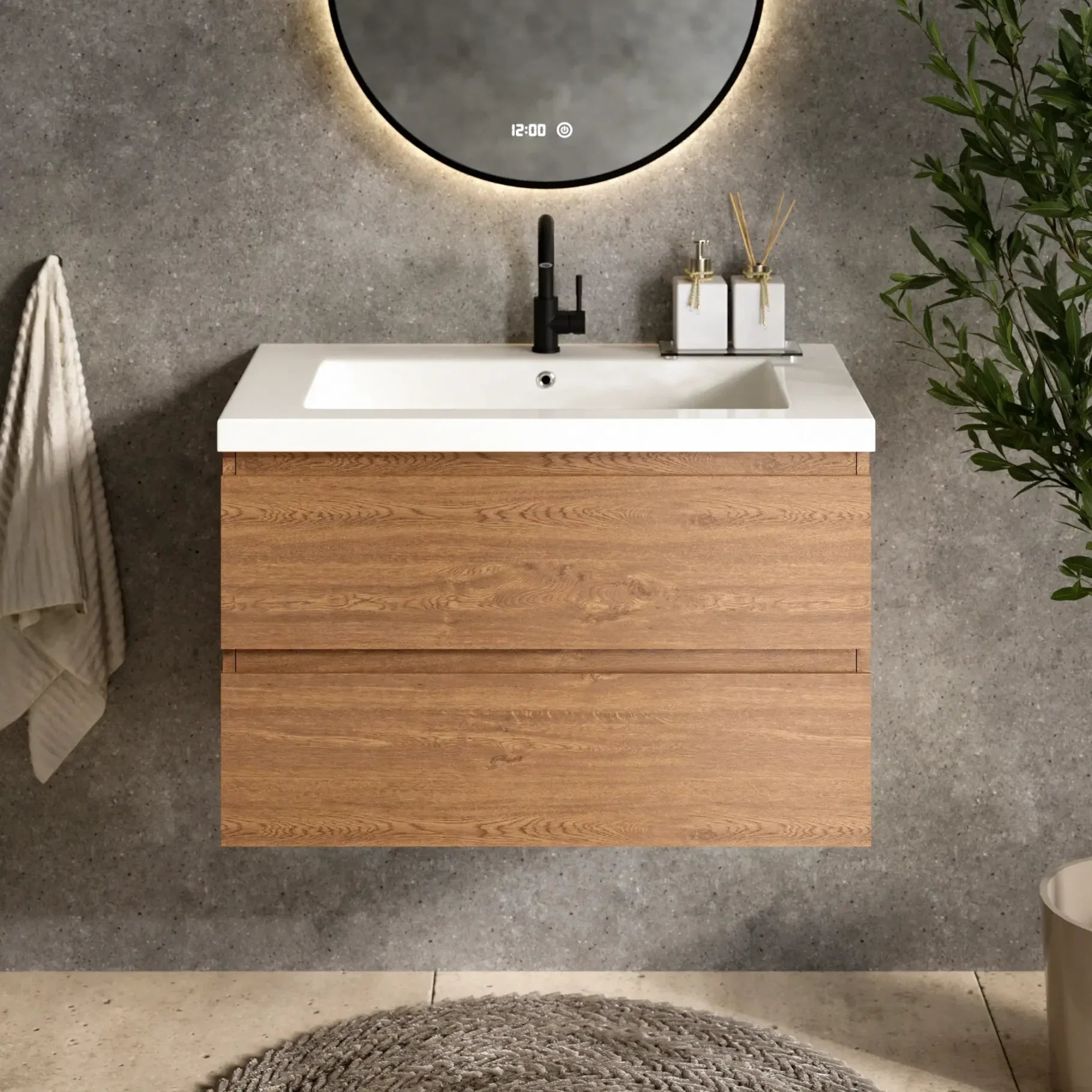 Badeværelsesmøbel Sova - 80cm - Varm eg - Vask hvid