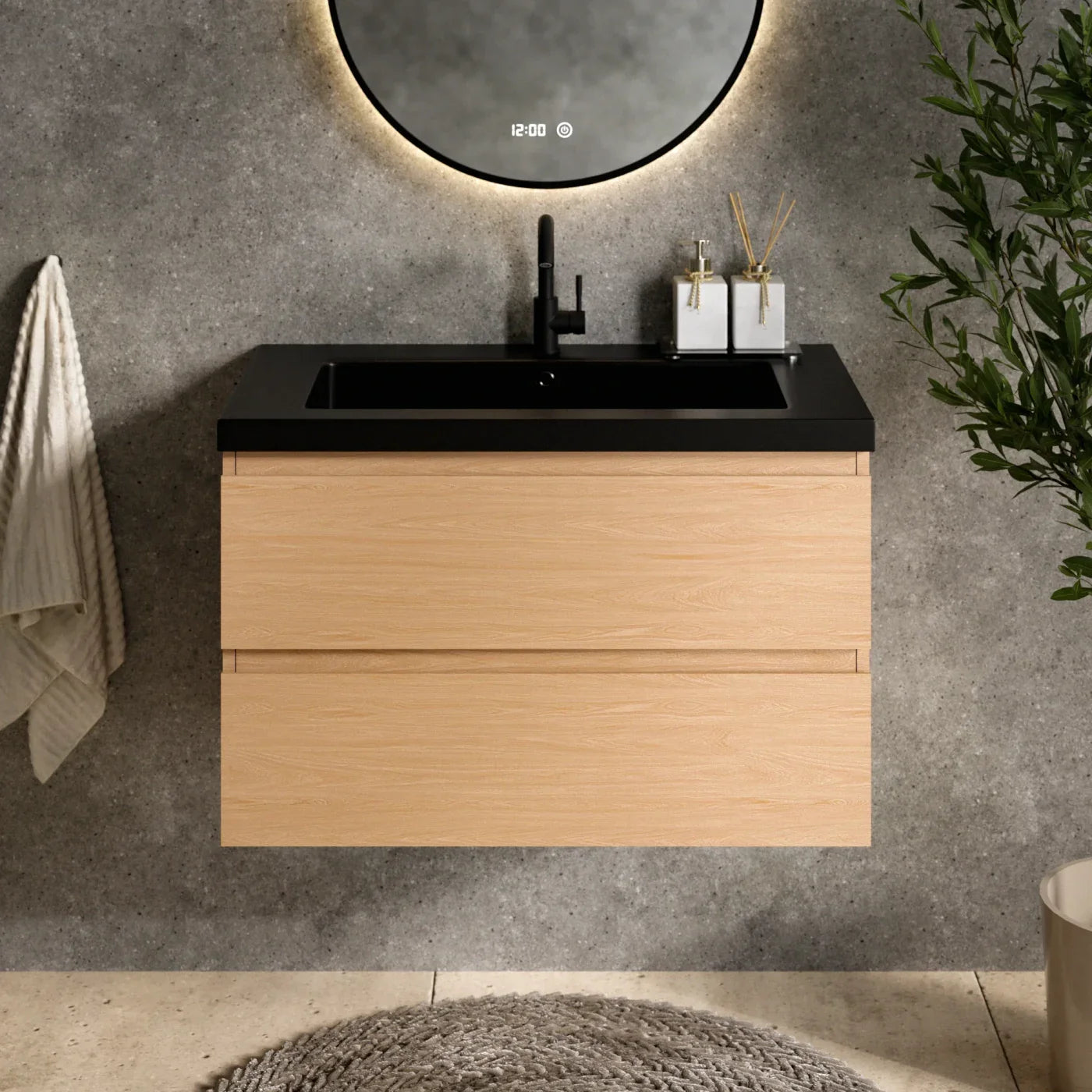 Badeværelsesmøbel Sova - 80cm - Lys eg - Vask sort