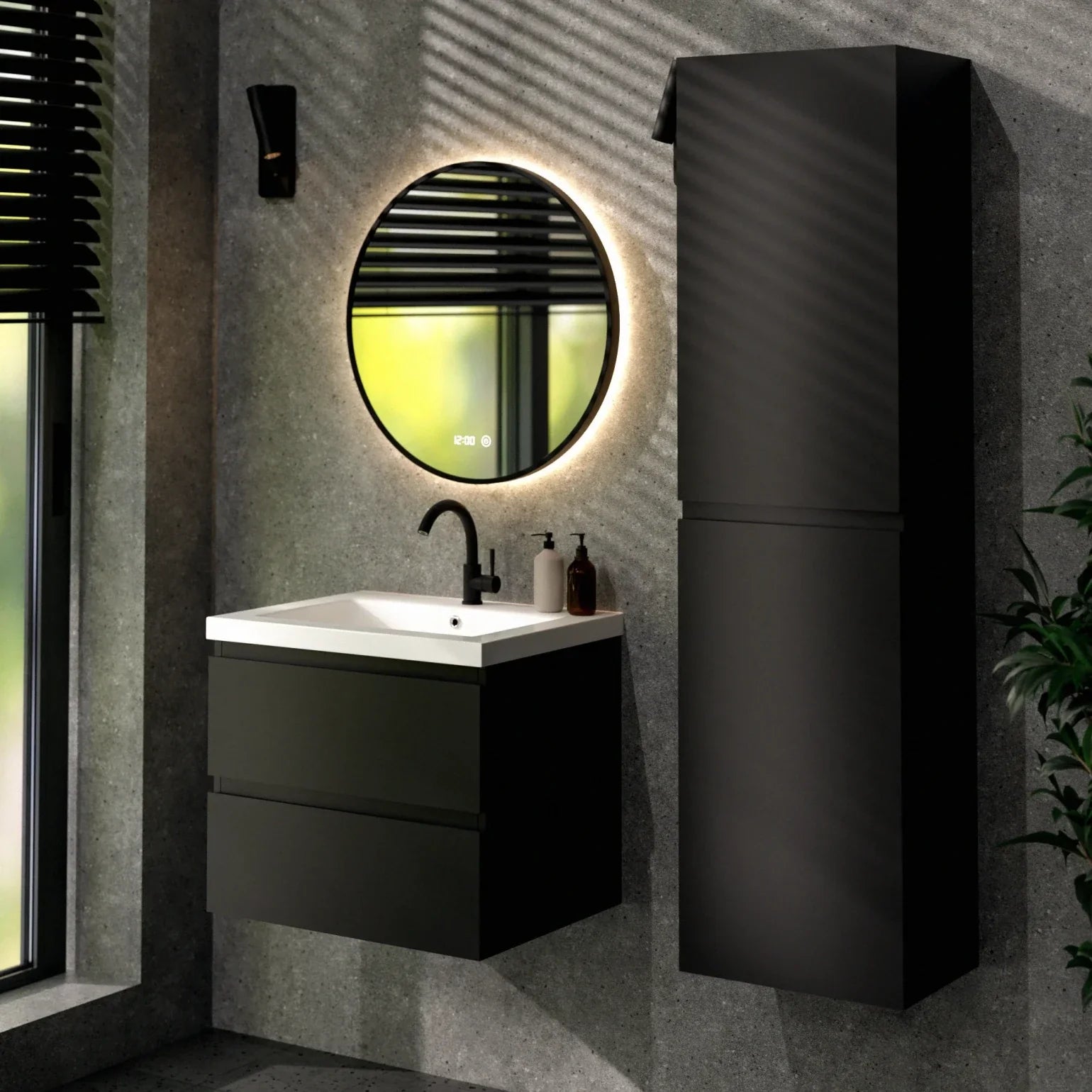 Badeværelsesmøbel Karo - 60cm - Mat sort - Vask hvid - Forudbestil