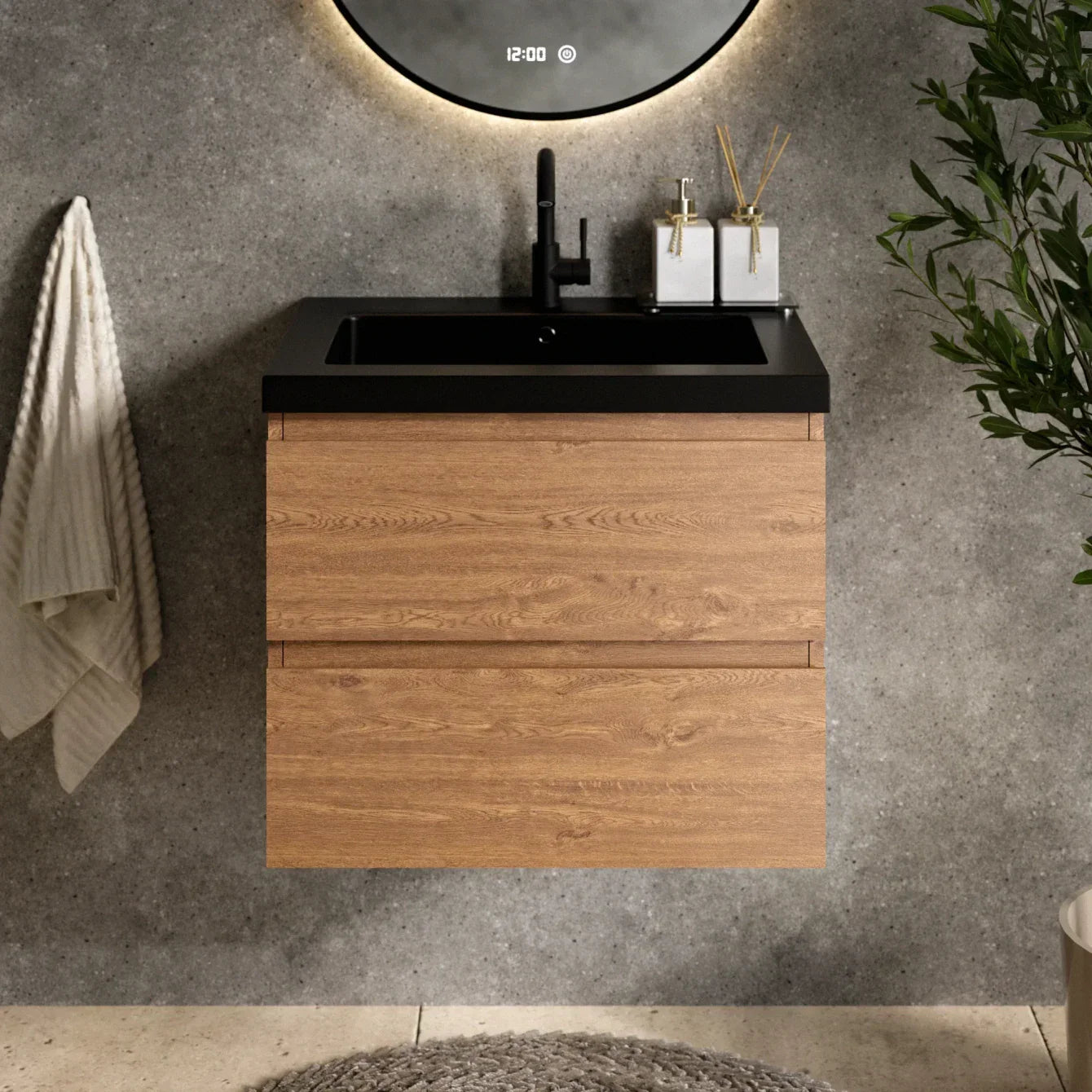 Badeværelsesmøbelsæt Verona – 60 cm – Varm Eg – Sort Vask