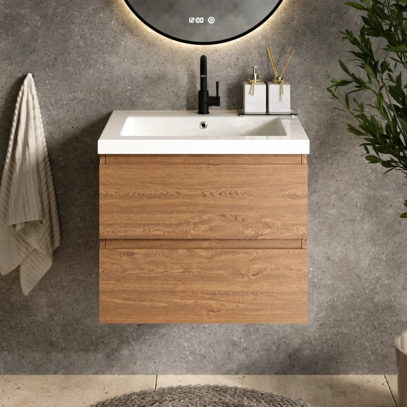 Badeværelsesmøbel Karo - 60cm - Varm eg - Vask hvid