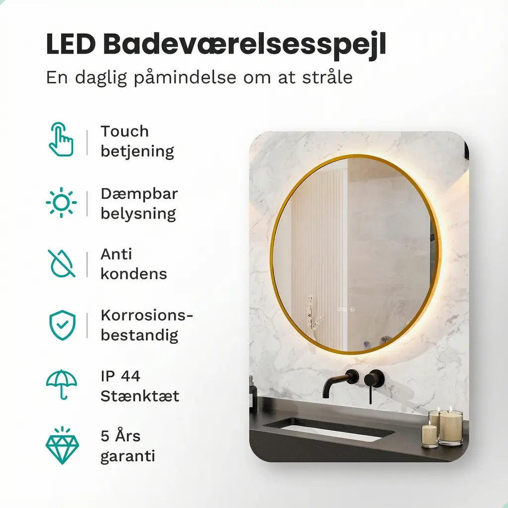 Badeværelsesspejl - 80 cm - Rundt - Guldramme