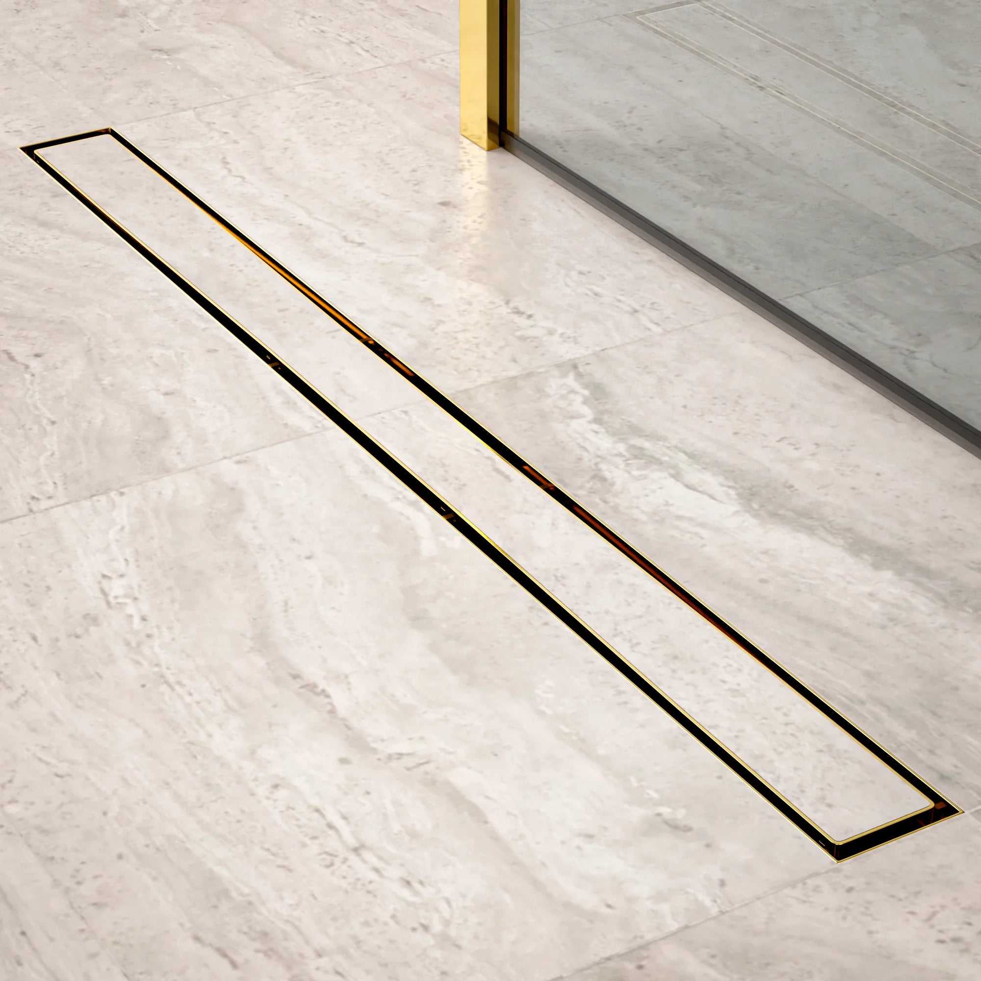 Bruseafløb – 90 cm – Guld – Fliserist – Rustfrit stål – Med flange