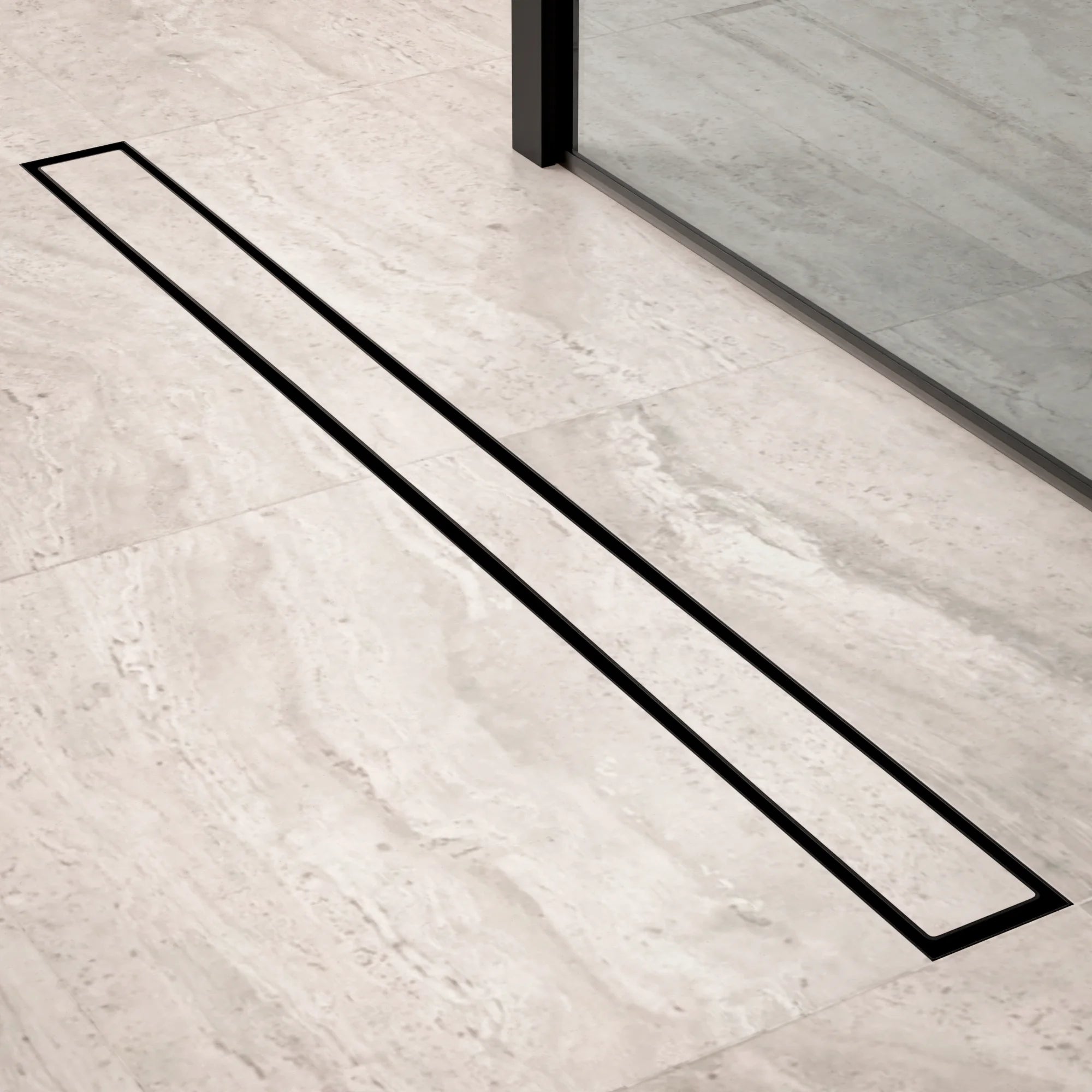 Bruseafløb – 90 cm – Mat sort – Fliserist – Rustfrit stål – Med flange