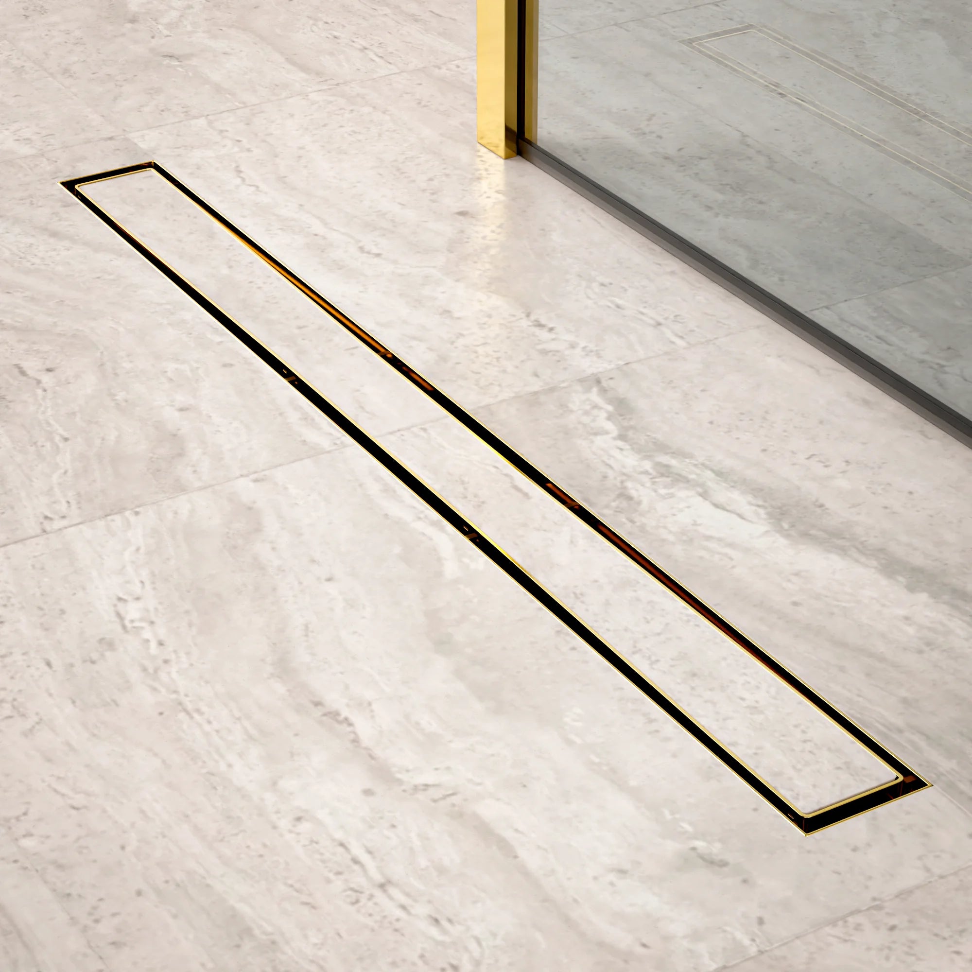 Bruseafløb – 80 cm – Guld – Fliserist – Rustfrit stål – Med flange