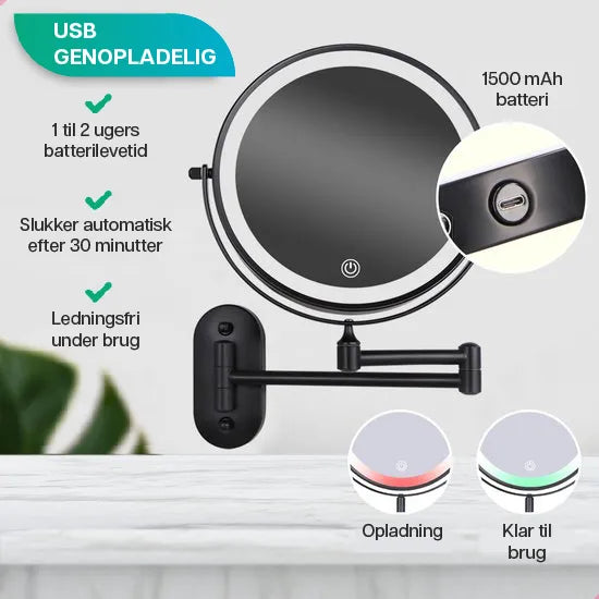Makeupspejl - Genopladeligt - Sort - 1-5x Forstørrelse
