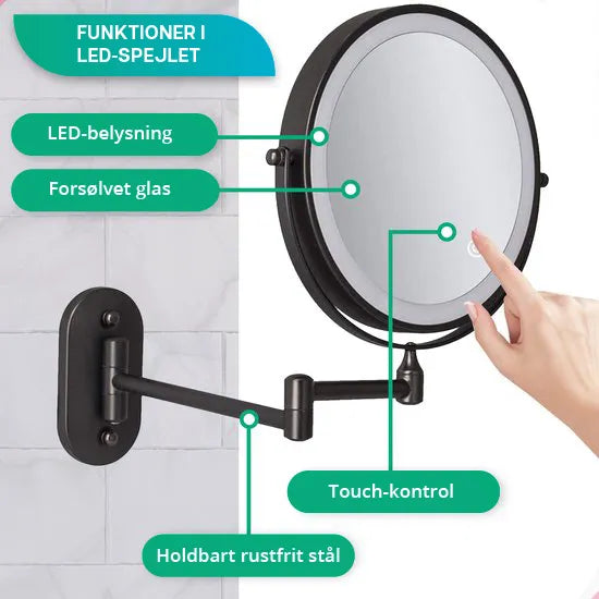Makeupspejl - Genopladeligt - Sort - 1-5x Forstørrelse