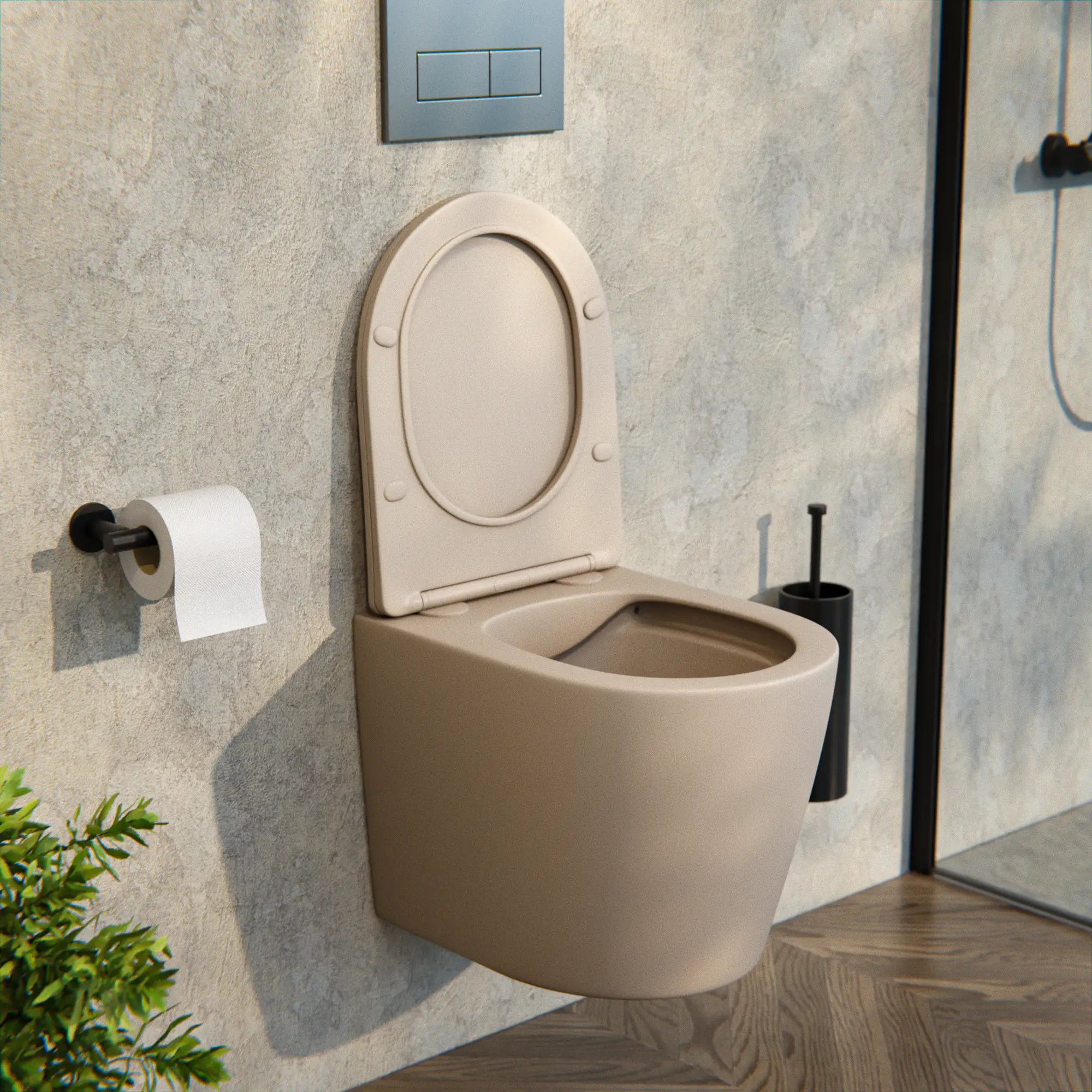 Væghængt toilet Varo - Rammeløs - Soft-close sæde - Taupe
