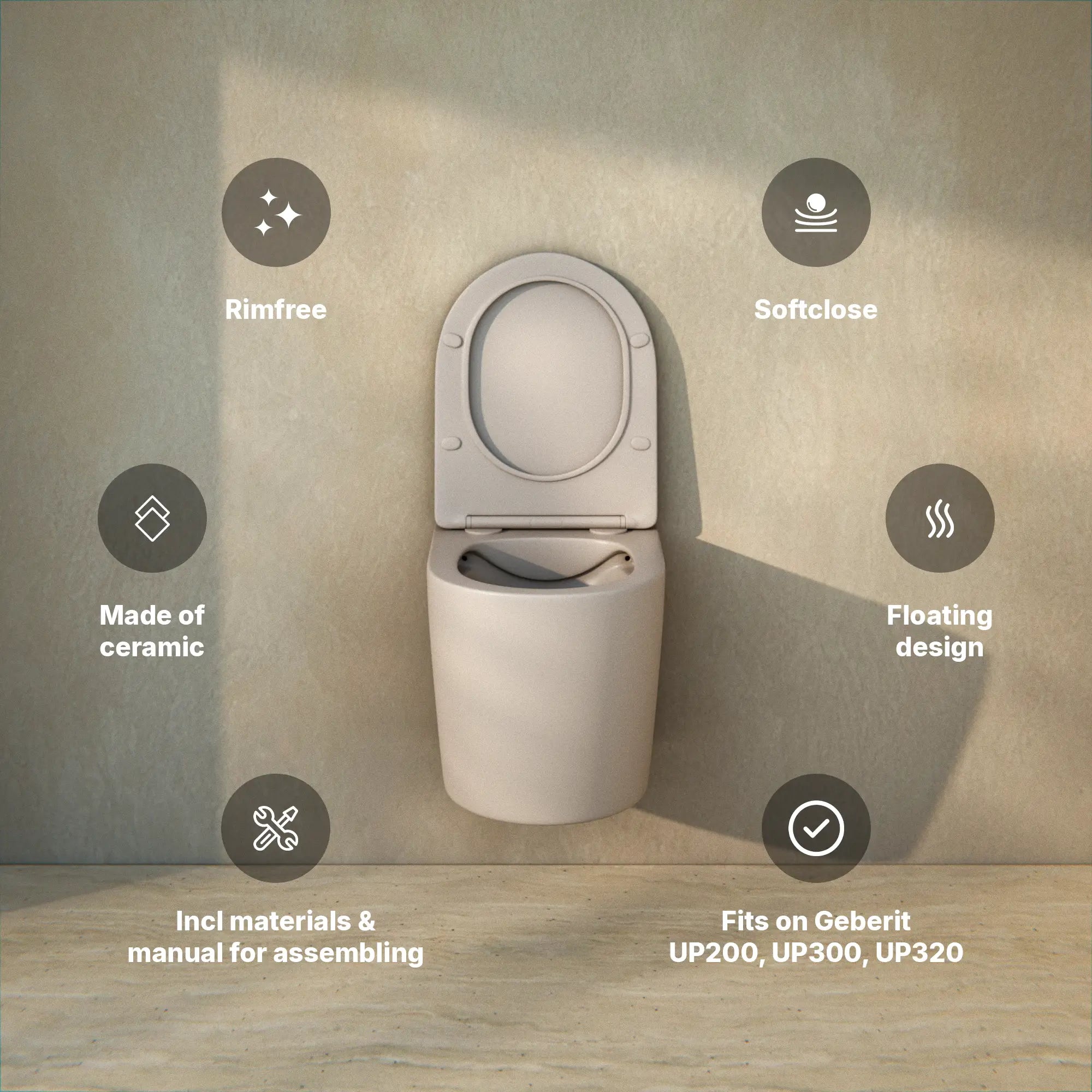 Væghængt toilet Varo - Rammeløs - Soft-close sæde - Taupe