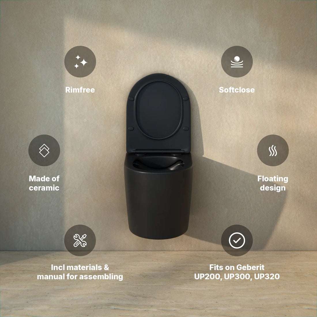 Væghængt toilet Varo - Rimless - Soft-close Sæde - Mat Sort