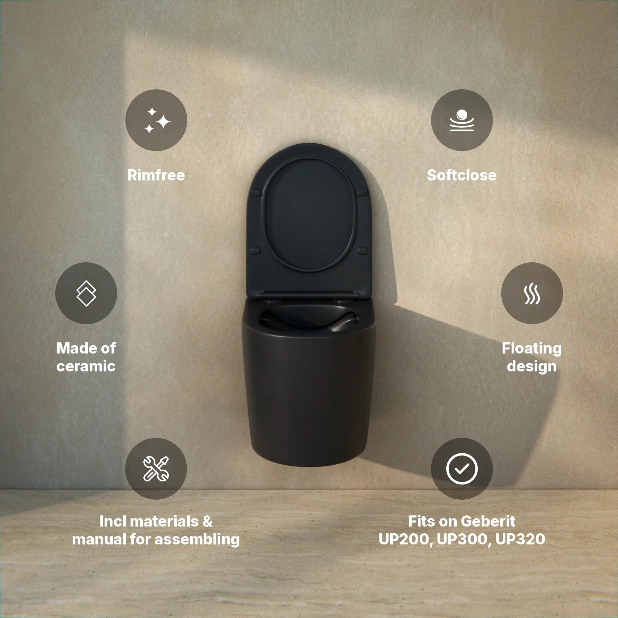 Væghængt toilet Varo - Rammeløs - Soft-close sæde - Mat sort