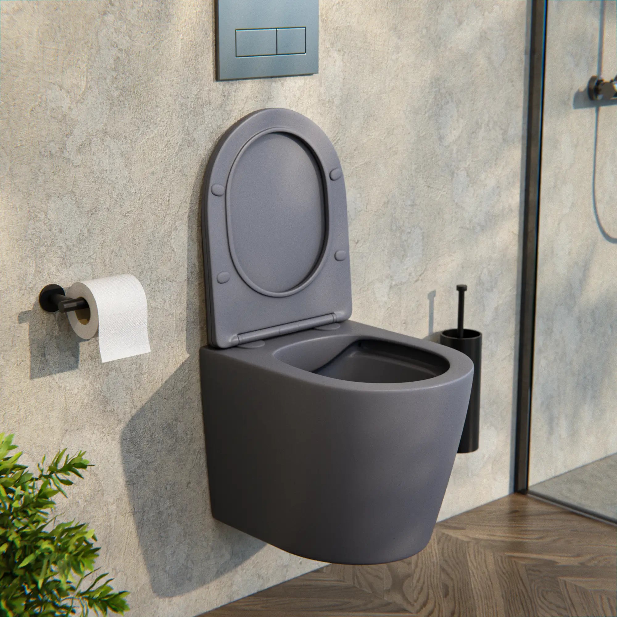 Væghængt toilet Varo - randløs - Soft-close toiletsæde - grå