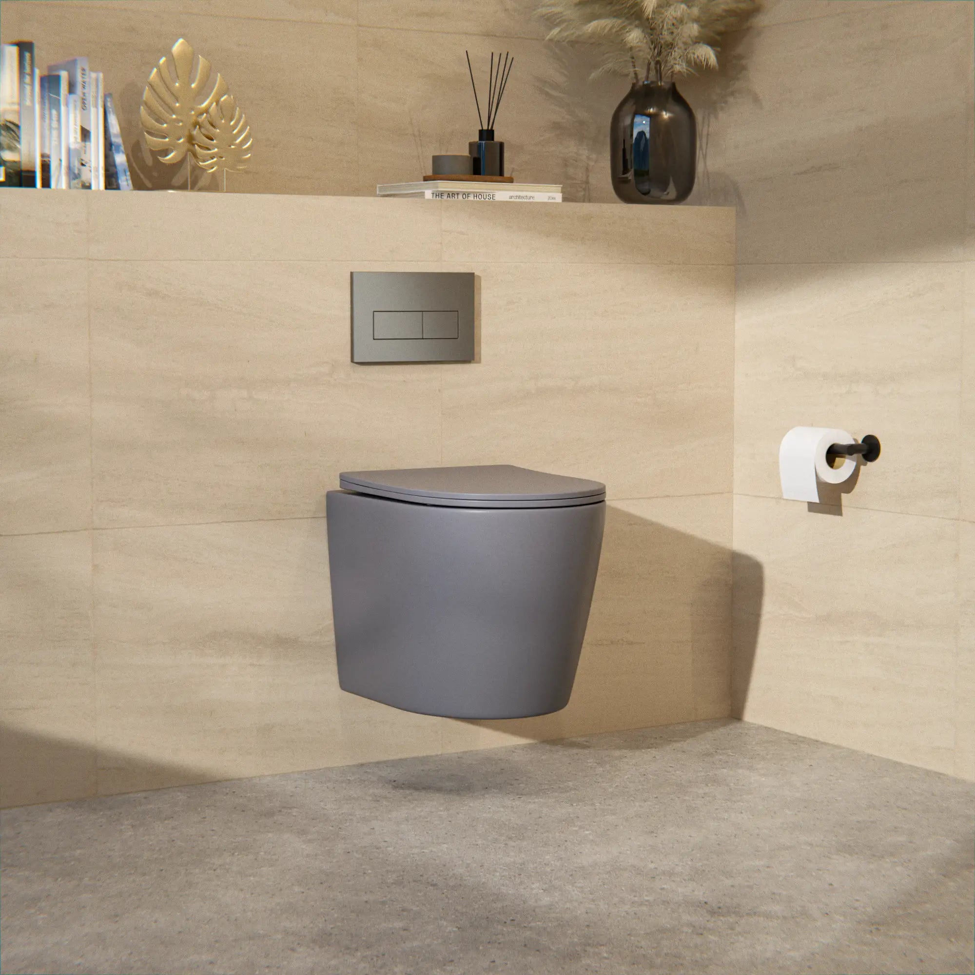 Væghængt toilet Varo - randløs - Soft-close toiletsæde - grå