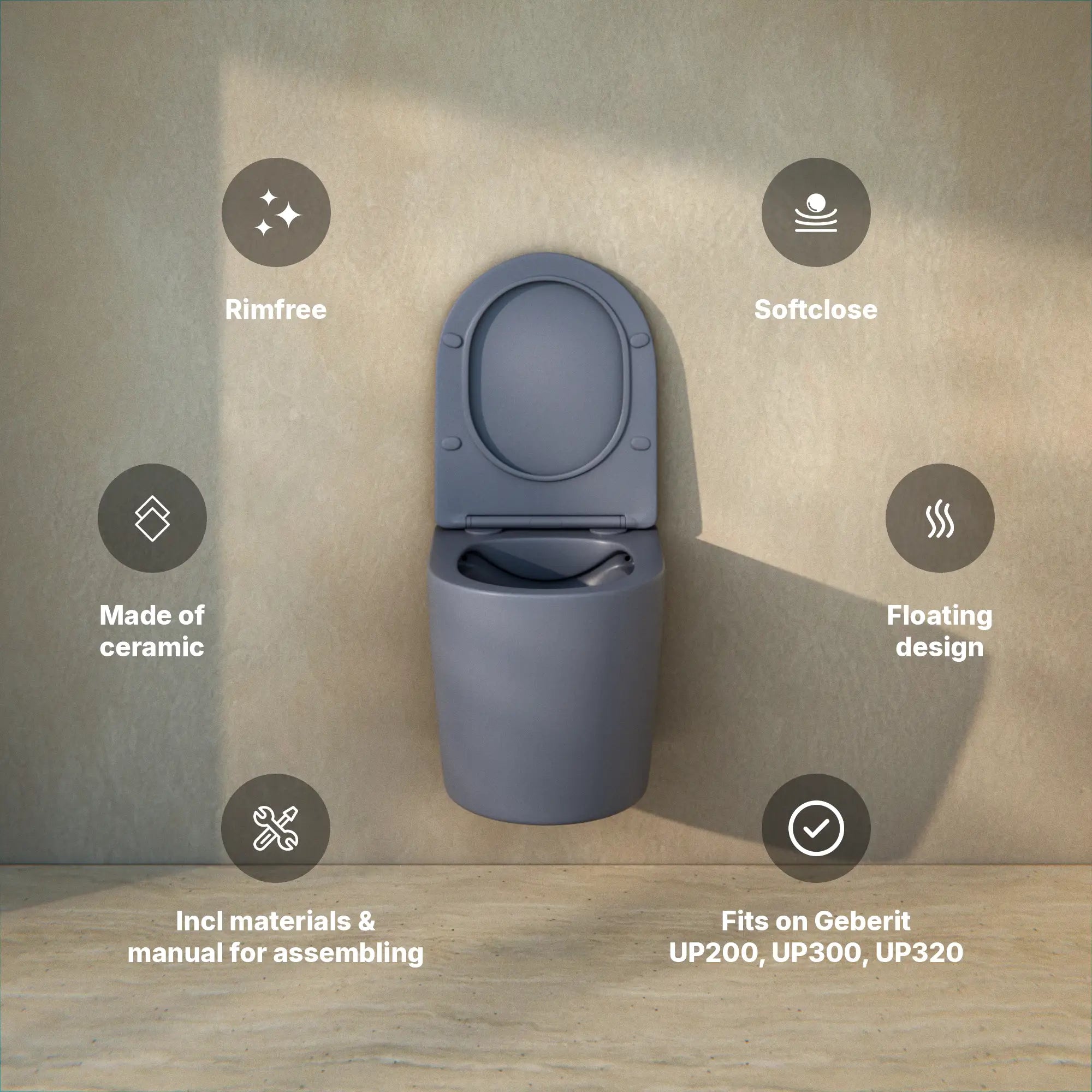 Væghængt toilet Varo - randløs - Soft-close toiletsæde - grå